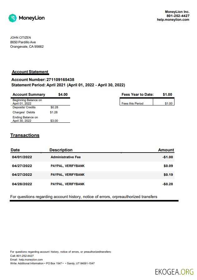 Relevé bancaire MoneyLion États Unis Californie